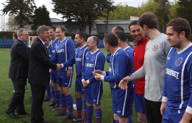 Kevin Manning greeting the players ahead of testimonial match in his honour, held in 2013