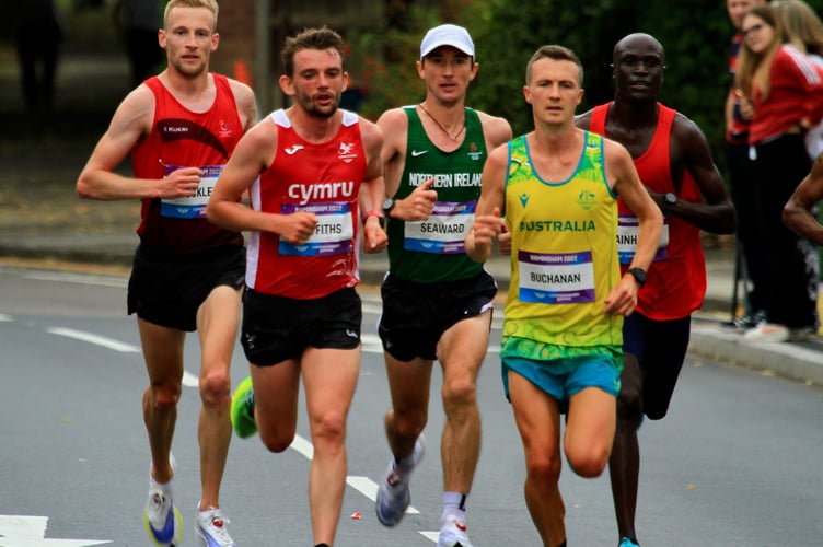 Ollie Lockley (far left) on his way to finishing 14th in the men’s marathon at the 2022 Commonwealth Games