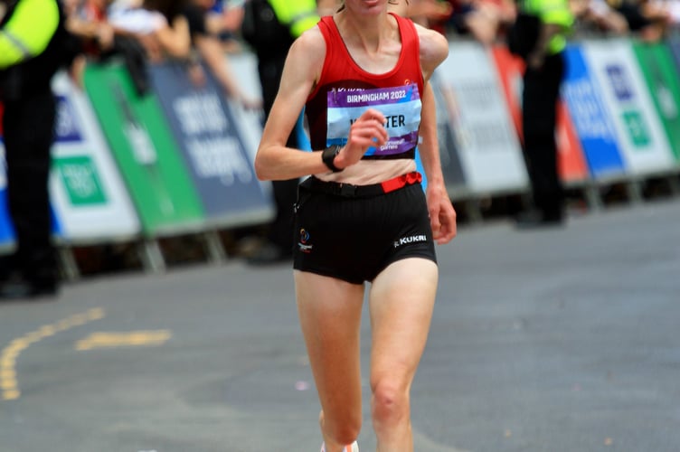 Sarah Webster at the finish of the women’s marathon at the 2022 Commonwealth Games in Birmingham