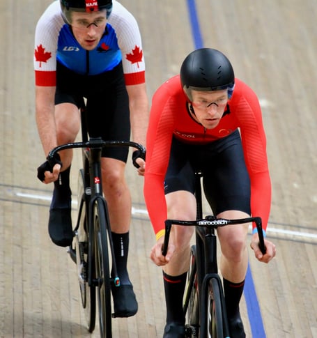 Matt Bostock prior to the crash during the men’s 15km scratch race qualifying heat