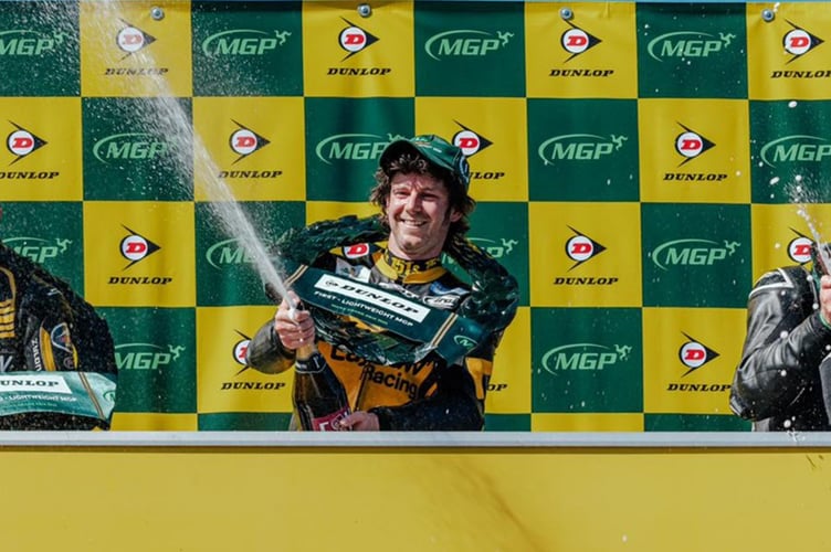 Mike Browne after victory in the Lightweight Manx Grand Prix
