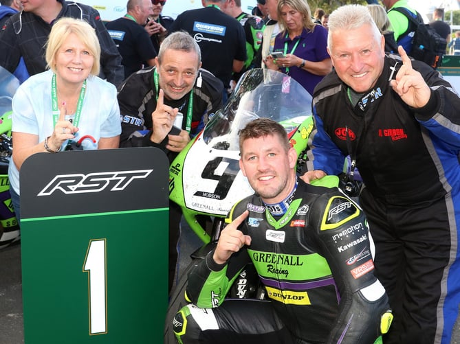 Rob Hodson in the winners’ enclosure after triumphing in the RST Classic Superbike MGP