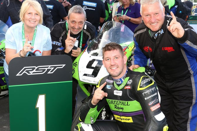Rob Hodson in the winners’ enclosure after triumphing in the RST Classic Superbike MGP
