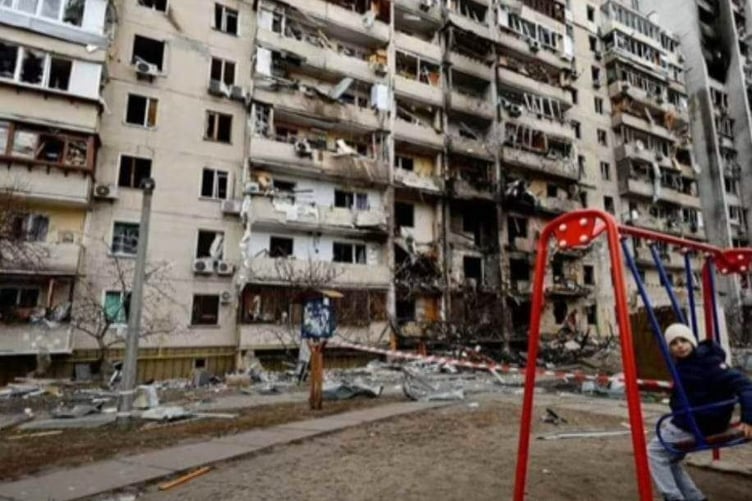ABOVE: Goods donated by those in The Post’s area are sorted ready for travelling to Ukraine’s borders back in March
BELOW: Scenes of devastation following the Russian bombing of Ukraine’s second city, Kharkiv