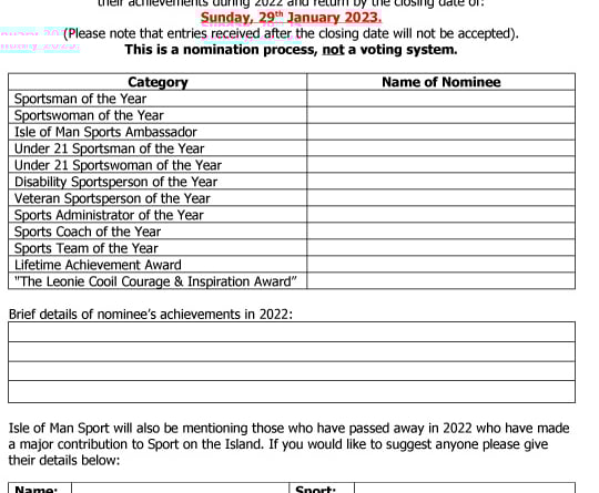 Nomination form for the 2022 Isle of Man Sports Awards