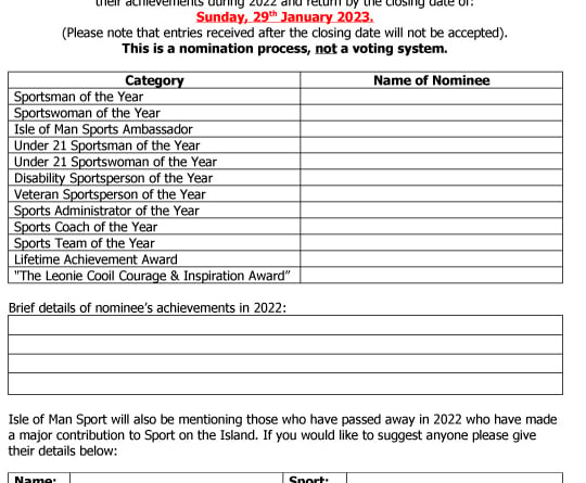 Nomination form for the 2022 Isle of Man Sports Awards