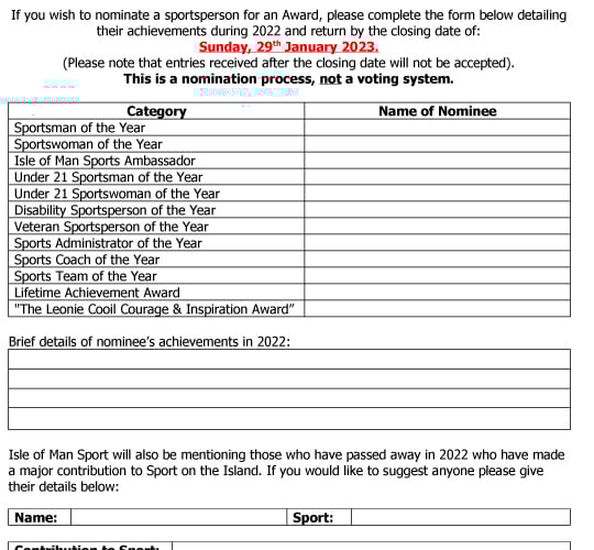 Nomination form for the 2022 Isle of Man Sports Awards