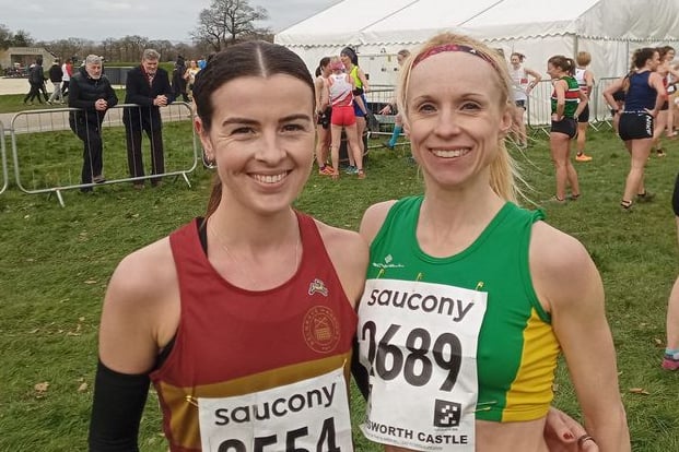 Sarah Astin (left) after winning the English Cross-Country title