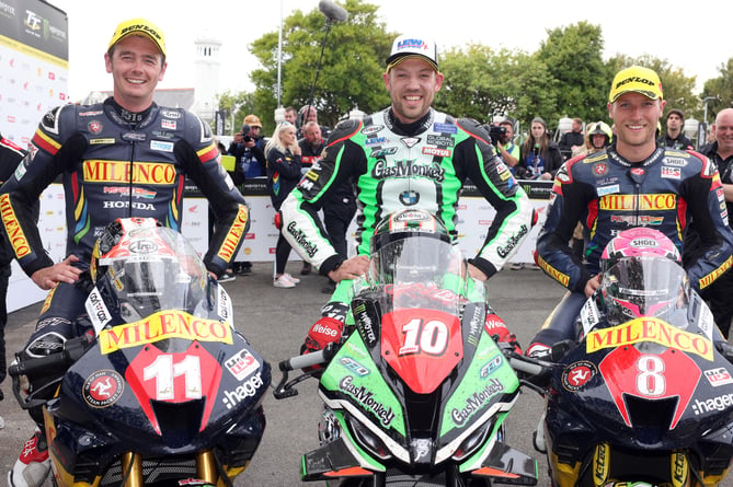 Superstock TT top three (l-r) Conor Cummins, Peter Hickman and Davy Todd