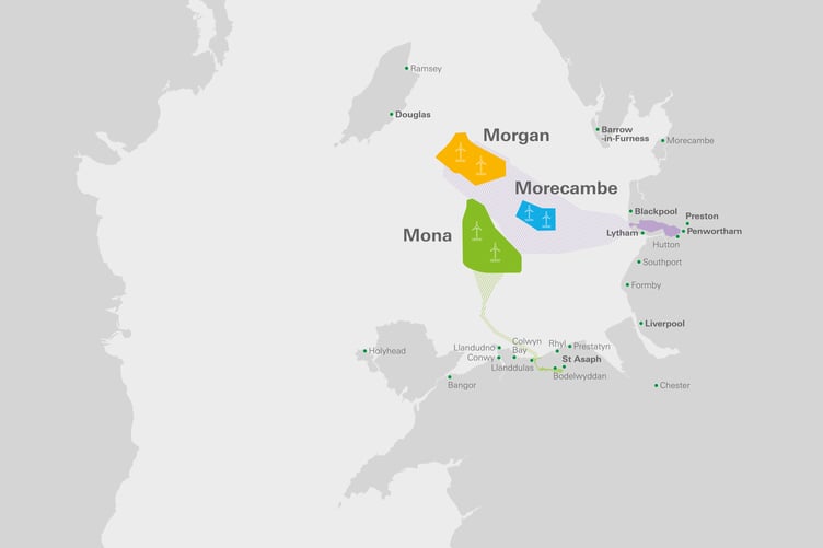 Map of the Irish Sea with windfarms highlighted