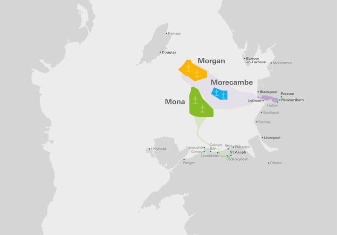 Map of the Irish Sea with windfarms highlighted