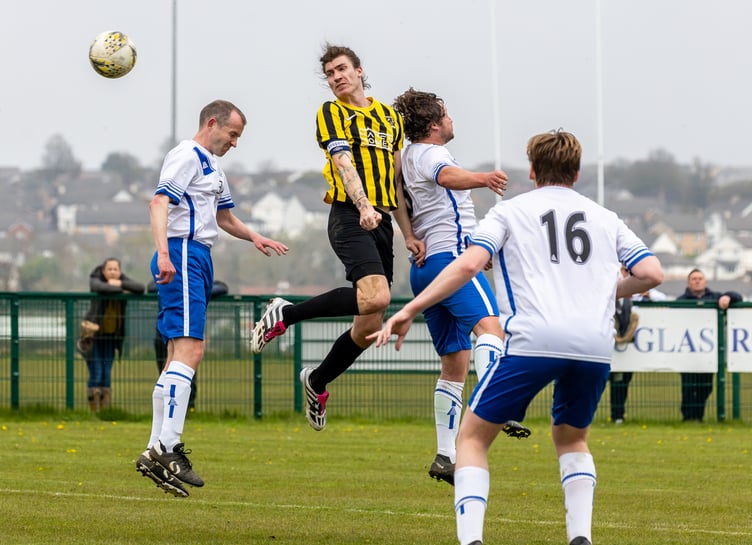 Mike Williams (centre) will be hoping to help Rushen United defeat DHSOB in the Canada Life Premier League this evening. Should they do so, Old Boys will be relegated to DPS Ltd Division Two