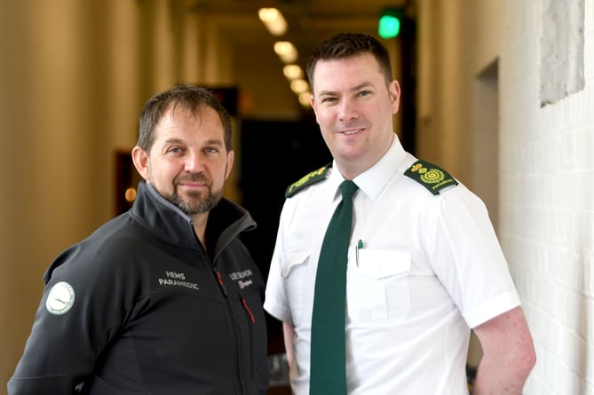 The launch of the Isle of Man ConstabularyÕs TT 2023 road safety campaign - Lee Salmon, operations director for the Western Great North Air Ambulance Service (GNAAS), with Will Bellamy, head of the Isle of Man Ambulance Service