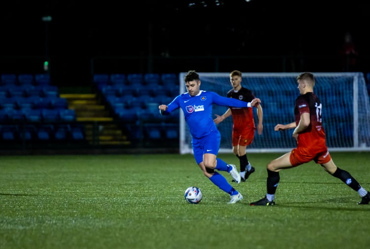 Josh Ridings in action for the Isle of Man FA men's team against FC Isle of Man during a charity match earlier in the season