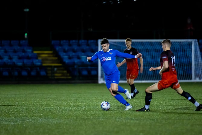 Josh Ridings in action for the Isle of Man FA men's team against FC Isle of Man during a charity match earlier in the season