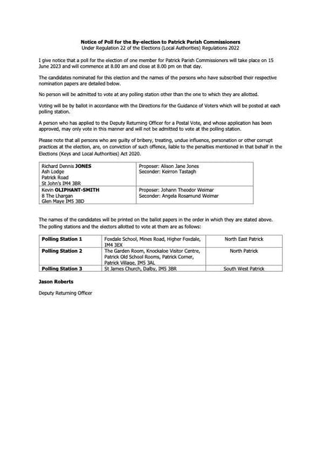 Patrick Commissioners by-election notice
