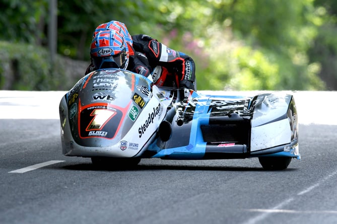 Ben and Tom Birchall during the opening Sidecar practice at the 2023 Isle of Man TT