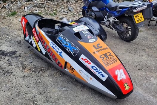 Michael Russell's sidecar outfit after he retired at the 33rd on the final lap of the second sidecar race