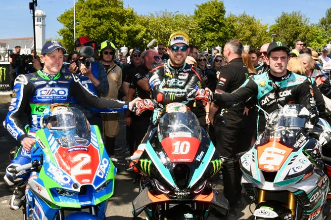 (Left to right) Dean Harrison, Peter Hickman and Michael Dunlop, Superstock Race Two