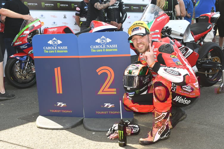 Peter Hickman celebrates winning the second Supertwin race of TT 2023