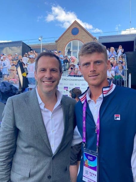 Greg Rusedski with local tennis player Billy Harris at Queen's Club