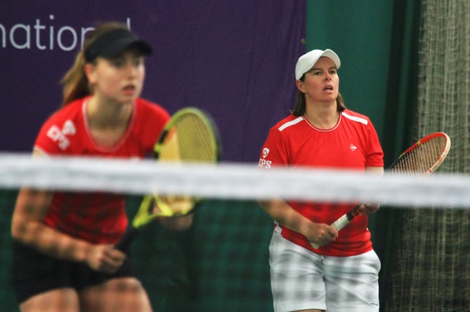 Sarah Long (left) and Karen Faragher on their way to silver in the women's doubles