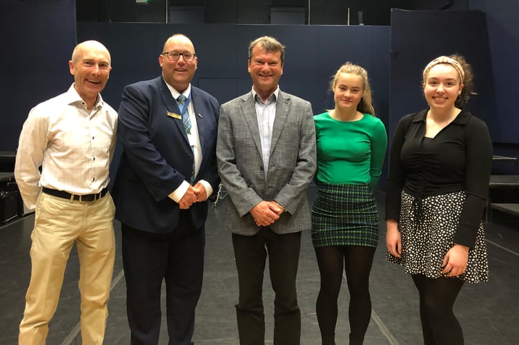 Pictured at the Ballakermeen High School assembly are (left to right) ESC Director, Dr Dave Quirk; Ballakermeen Head of Sixth Form, Richard Karran; ESC Director, Ralph Peake; and Ballakermeen Sixth Form prefects, Lucy Passey and Rebecca Walmsley
