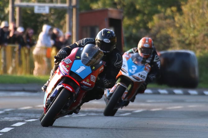Local riders Marc Colvin and Jamie Williams round Cronk-ny-Mona on their 650 Kawasakis during Wednesday evening's Junior MGP qualifying session