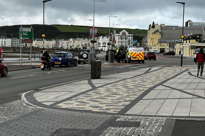 Police deal with an RTC this morning at the Broadway roundel on Douglas Promenade