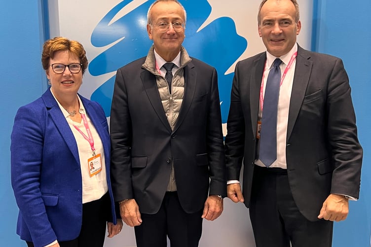 Left to right: Deputy Chief Minister Jane Poole-Wilson, the European Union's Ambassador to the United Kingdom, Pedro Serrano, and Chief Minister Alfred Cannan