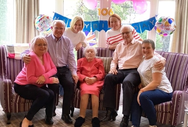 Evelyn Teare (central) celebrates her 106th birthday with her family at Grove Mount Residential Home in Ramsey