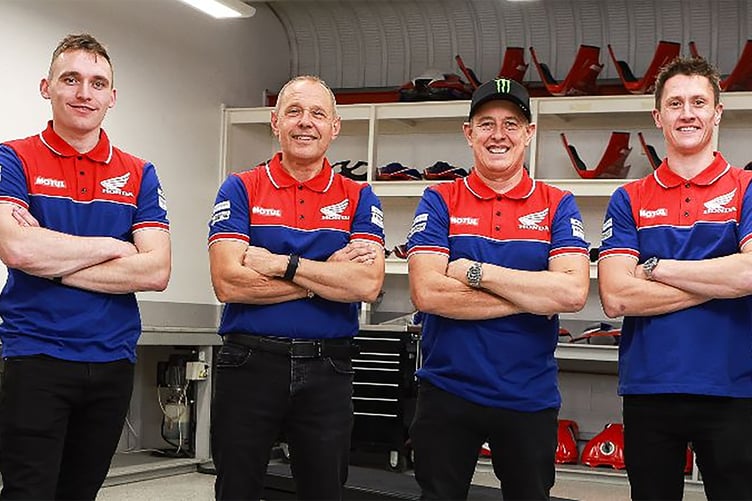 (L-r) Nathan Harrison, team manager Havier Beltran, John McGuinness and Dean Harrison