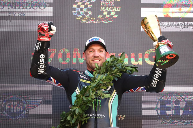 Peter Hickman celebrates winning the 2023 Macau Grand Prix