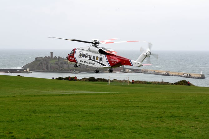 A coastguard search and rescue helicopter takes part in an exercise with the Isle of Man Civil Defence teams in Peel on Friday, January 29 2016
