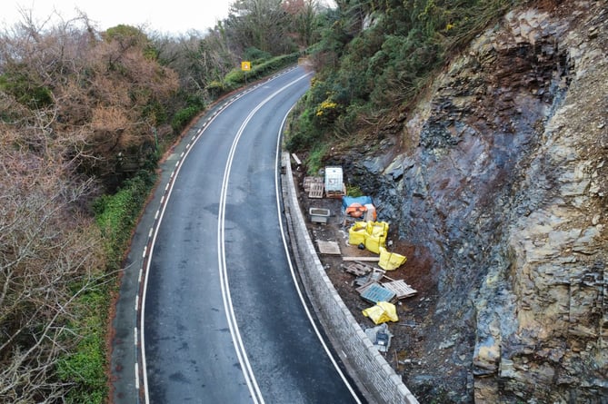 A wall is being repaired where the landslip took place on the A18 Mountain Road