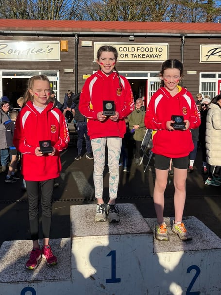 The Manx Harriers under-11 girls team of (left to right) Mollie McMullan (bronze), Eve Martin (gold) and Bella Quaye (silver)