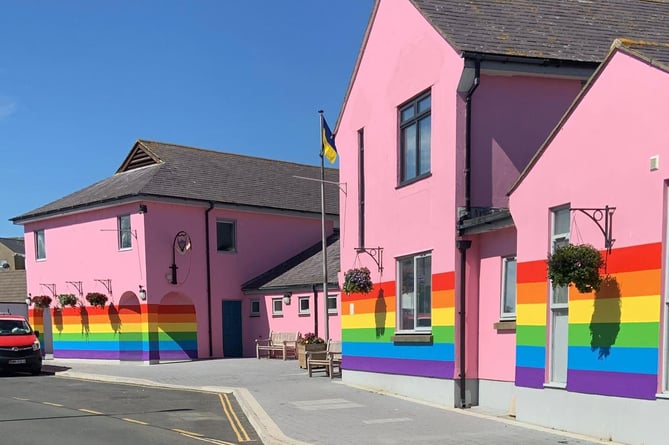 Castletown town hall with added pride rainbow