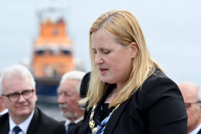 The annual service at Kallow Point in Port St Mary at the anchor of MonaÕs Queen which was destroyed on May 29, 1940 during the Dunkirk evacuation - pictured is Dr Michelle Haywood, chair of Port St Mary commissioners