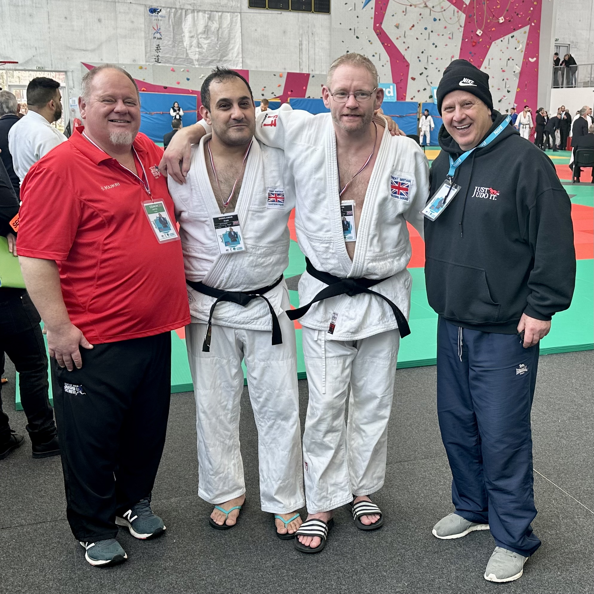 Isle of Man judoka Chris Horton  (second from right) with coach Errol Savage (far left) and other members of the Great Britain team at the  Euromètropole Masters in Lille, France