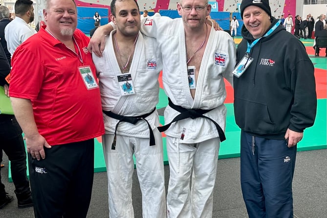 Isle of Man judoka Chris Horton  (second from right) with coach Errol Savage (far left) and other members of the Great Britain team at the  Euromètropole Masters in Lille, France