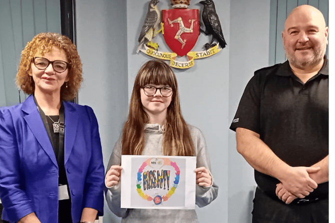 Left to right: Julie Gibney (assistant director, 'Children and Families Social Work'), Rihanna Rose Furlong (winner) and Steve Maddocks (Isle of Man Constabulary)