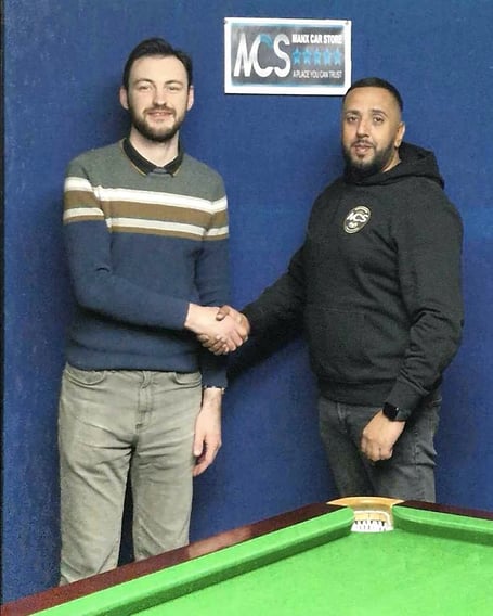 Isle of Man Billiards and Snooker Association competition secretary Darryl Hill (left) with Tony Dhadwal of Premier Snooker League title sponsor Manx Car Store