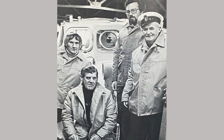 Photo of the lifeboat crew from 1970 who carried out the rescue (left to right) Peter Veale (mechanic) Pat Stowell, Harry Martland, and Bobby Lee (Coxswain). Harry is the only member still with us