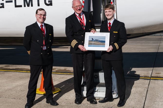 Ian Hutchison, Loganair’s new Isle of Man base captain, with Stephen Thursfield and Joe Haddock