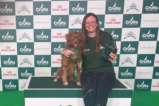 Janine Coleman with her dog Ella after winning the intermediate ABC (anything but collie) agility competition at Crufts 2024