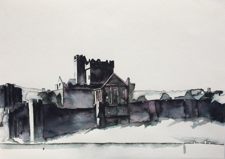 An ink drawing of Peel Castle by Andrew MacKellar