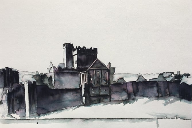 An ink drawing of Peel Castle by Andrew MacKellar