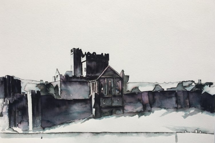 An ink drawing of Peel Castle by Andrew MacKellar
