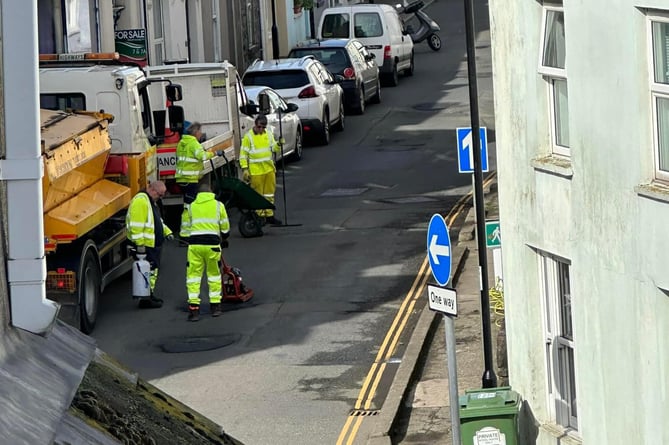 Pot hole patching appears to be underway on Port St Mary High Street