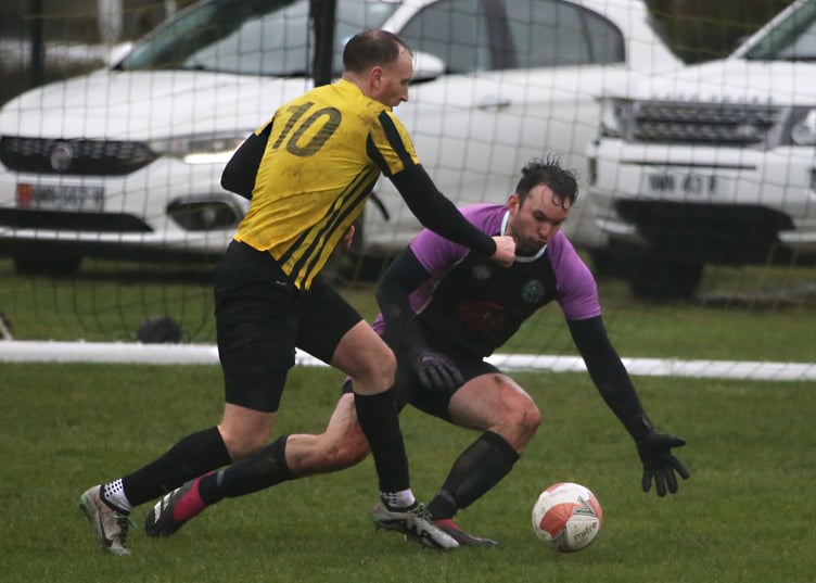 Aaron Hawley netted twice as his Rushen side drew 4-4 with Laxey at Croit Lowey (Photo: Brian Goldie)